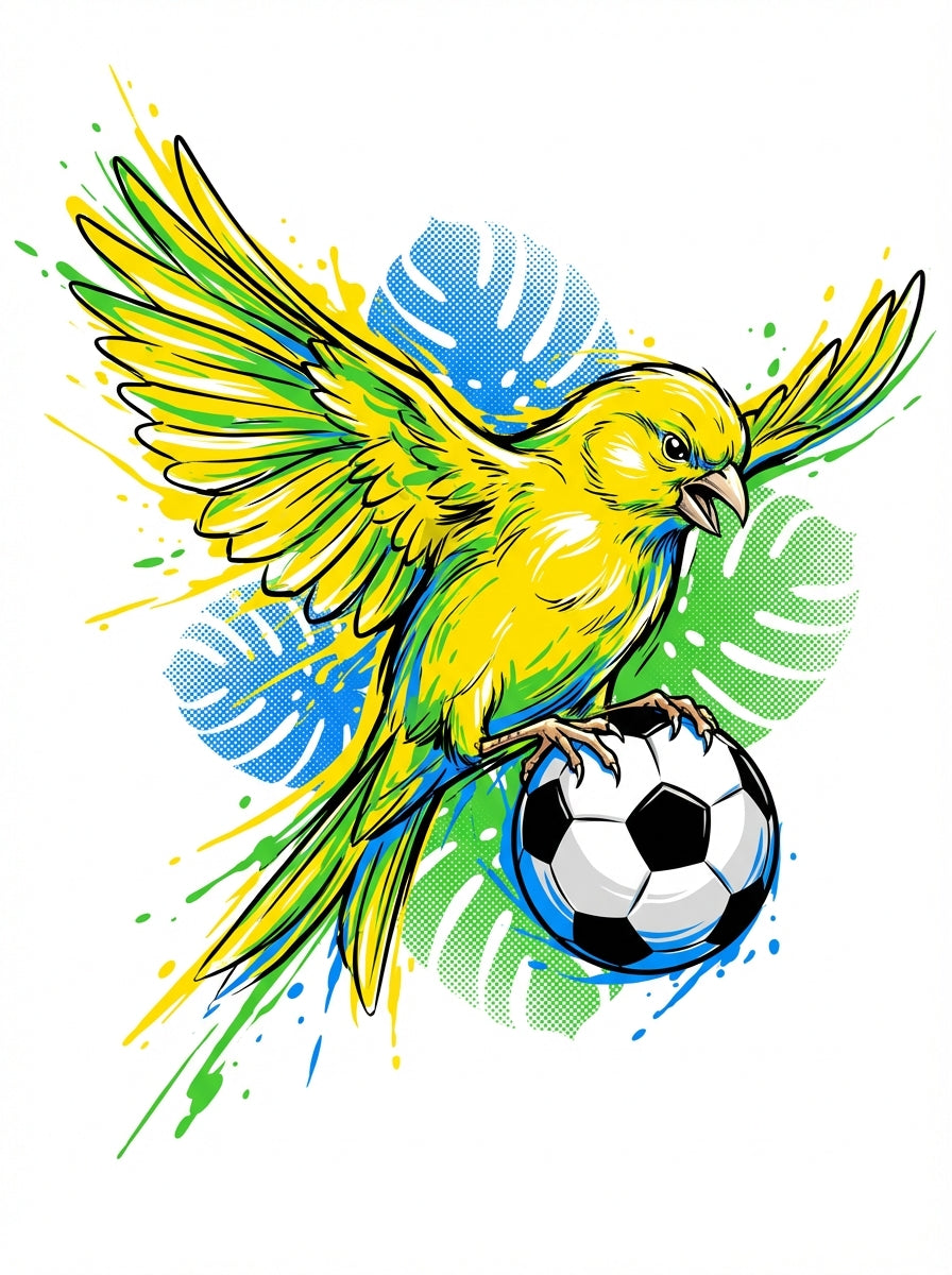 A dynamic, high-energy illustration of a canary in mid-flight, wings spread wide, clutching a modern